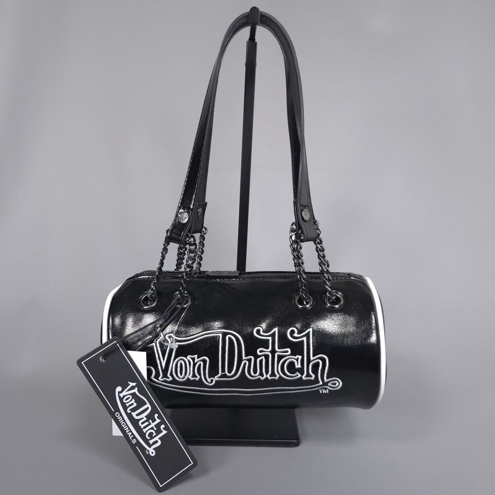VON DUTCH Women's New Barrel Bag Purse Logo Black Handbag Shoulder Vegan Leather